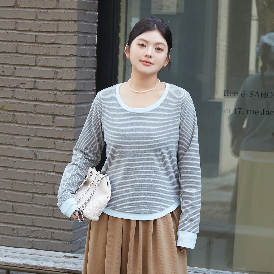 【C】大码女装秋季条纹撞色拼接假两件 3793