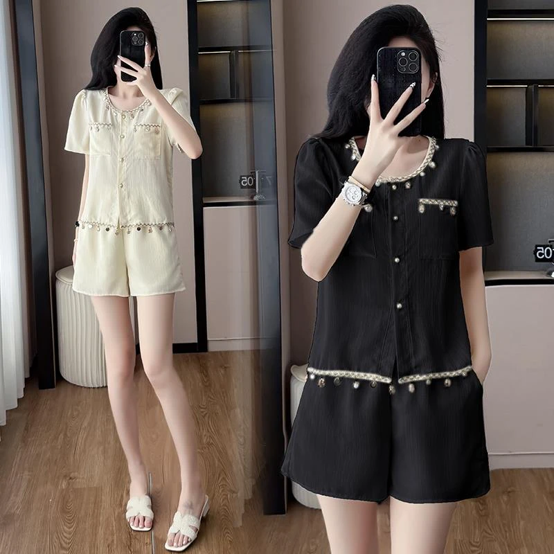 大码女装夏新款胖mm时尚法式贝壳流苏轻奢气质上衣短裤两件套