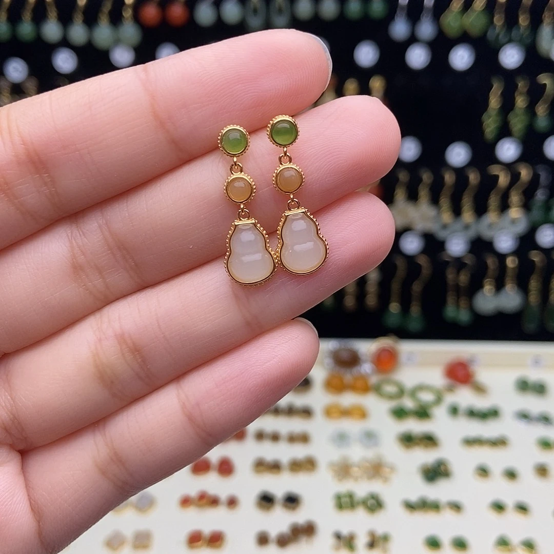 和田玉银S925镀金镶嵌耳饰