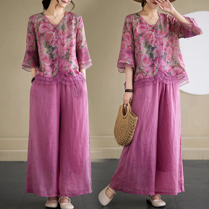 复古文艺小碎花衬衣女2024新款欧根纱拼接洋气衬衫妈妈装两件套女