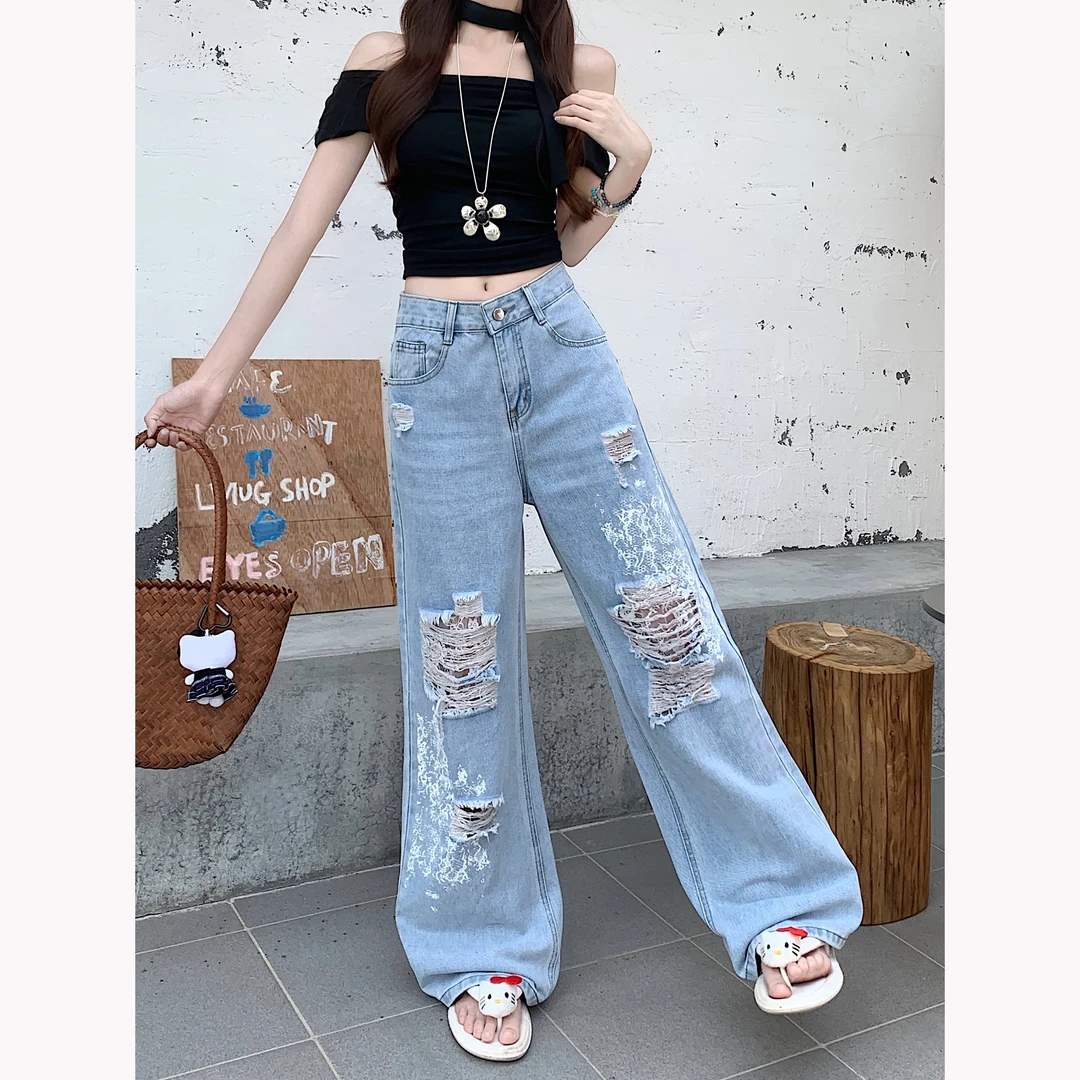 破洞蕾丝拼接印花阔腿牛仔裤女2025年春款高腰宽松显瘦千禧懒懒裤