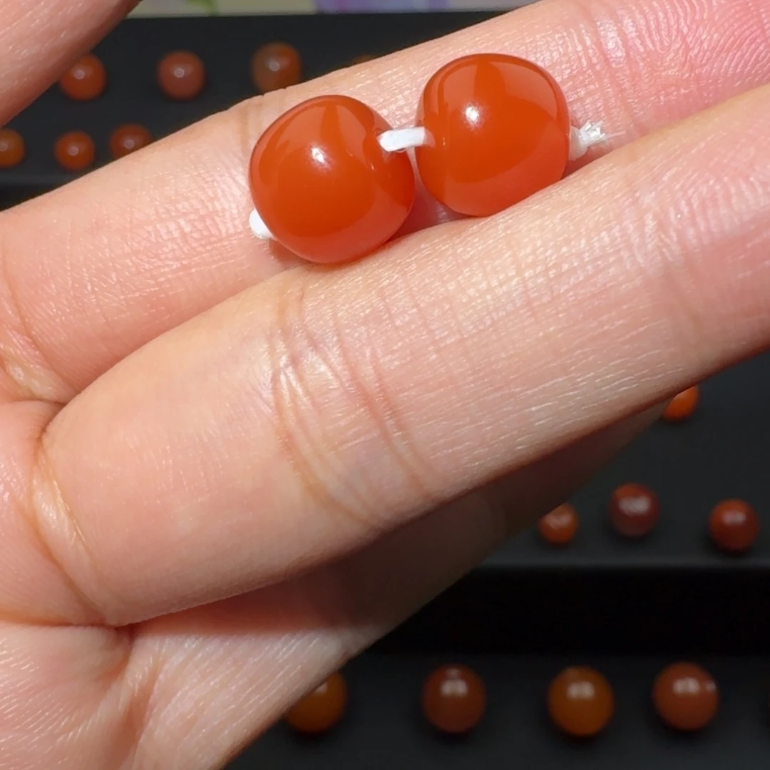 南红玛瑙未镶嵌柿子红对珠10×9