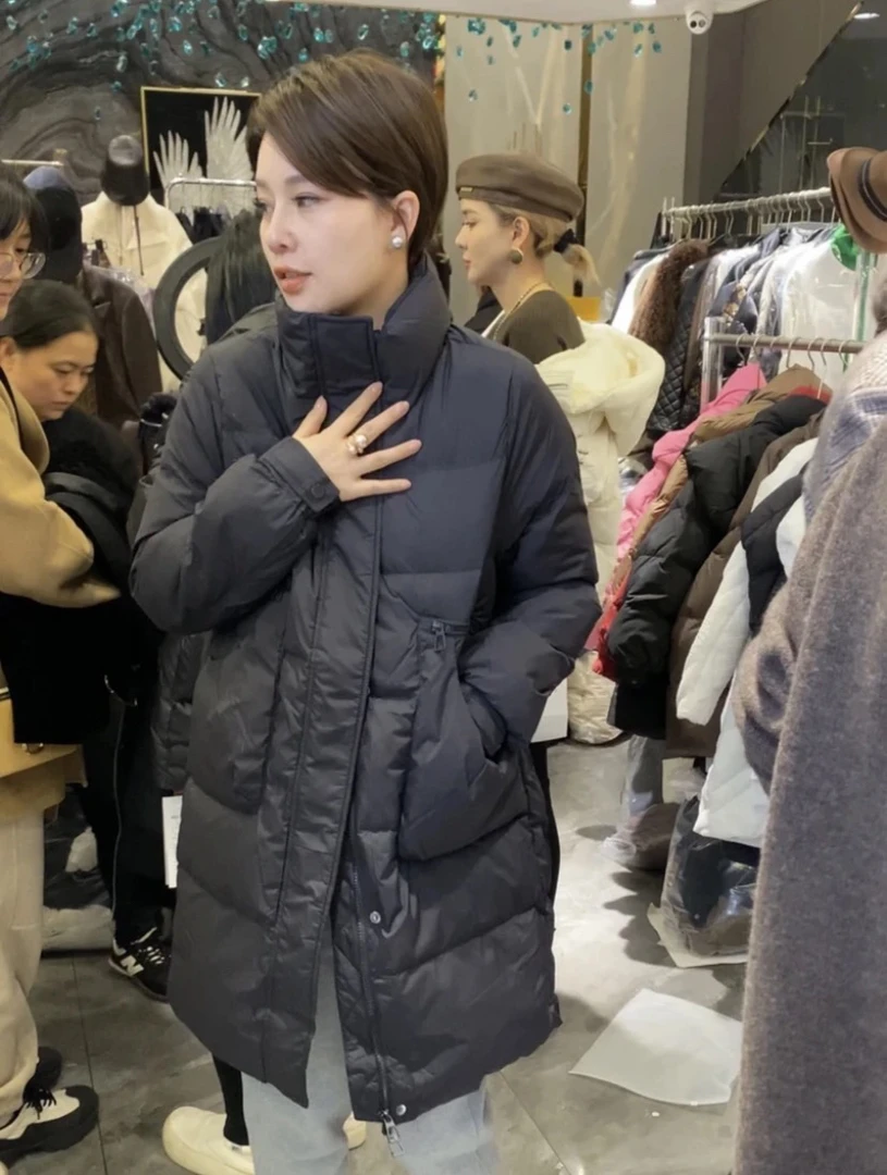 秋冬时尚宽松中长款立领大口袋羽绒服