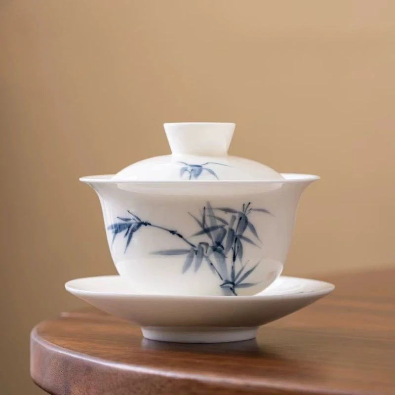手绘墨竹盖碗羊脂玉白瓷纯手工三才旋转悬停盖碗中式泡茶碗大号