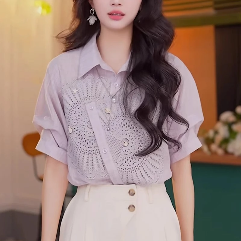 紫色短袖衬衫女士2025夏季新款洋气减龄宽松显瘦设计感不规则上衣