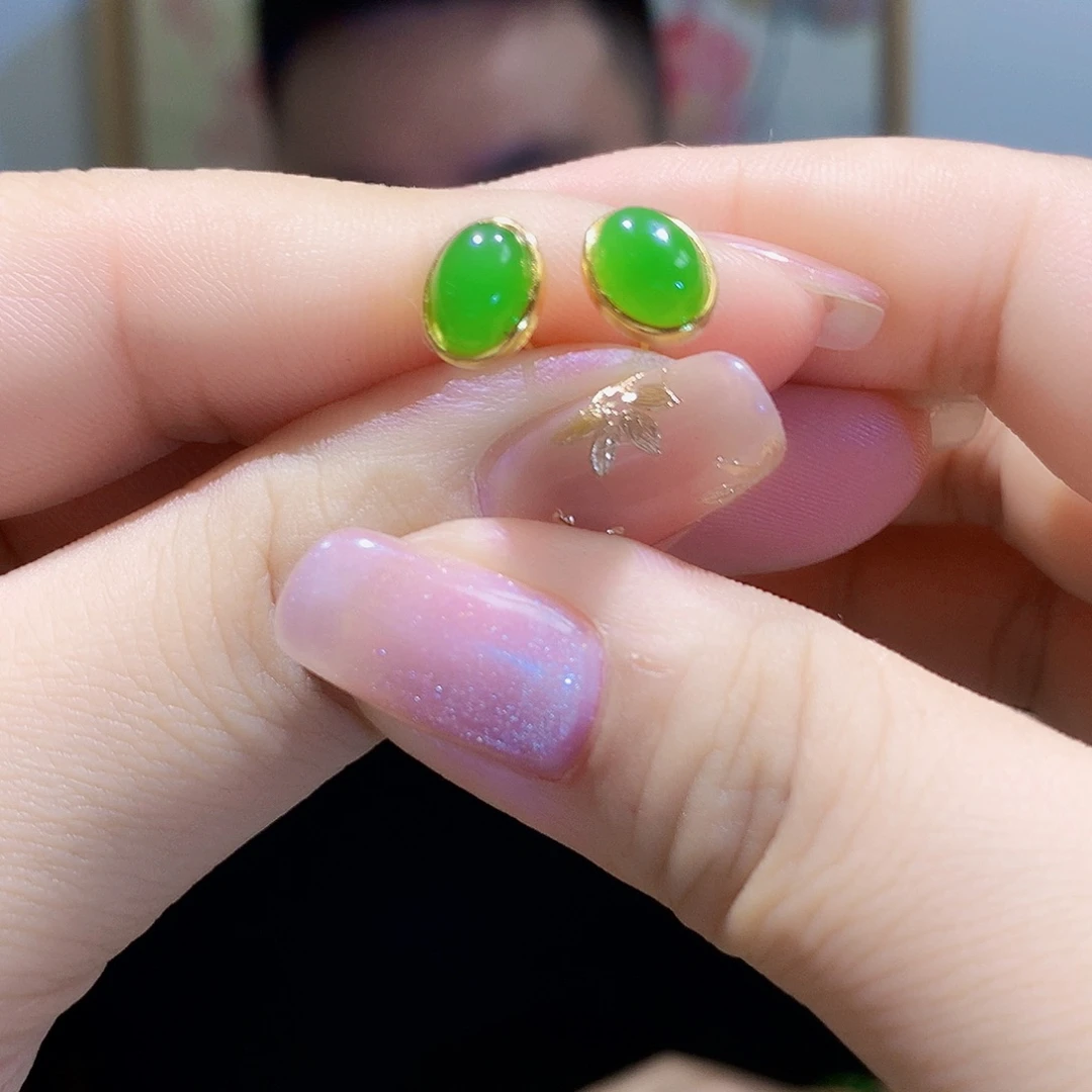 和田玉（碧玉）耳饰银S925镀金镶嵌