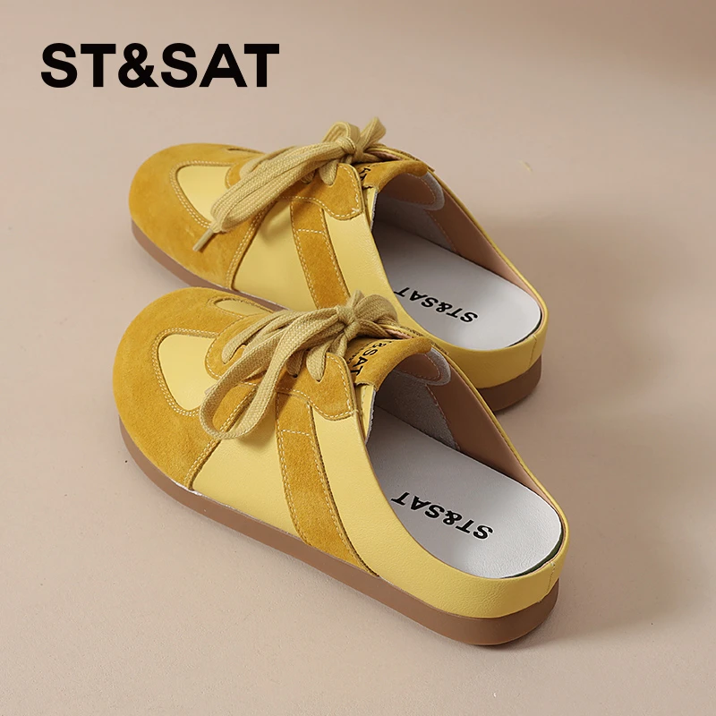 星期六真皮德训鞋半拖鞋女一脚蹬2025夏季平底包头穆勒凉拖鞋外穿