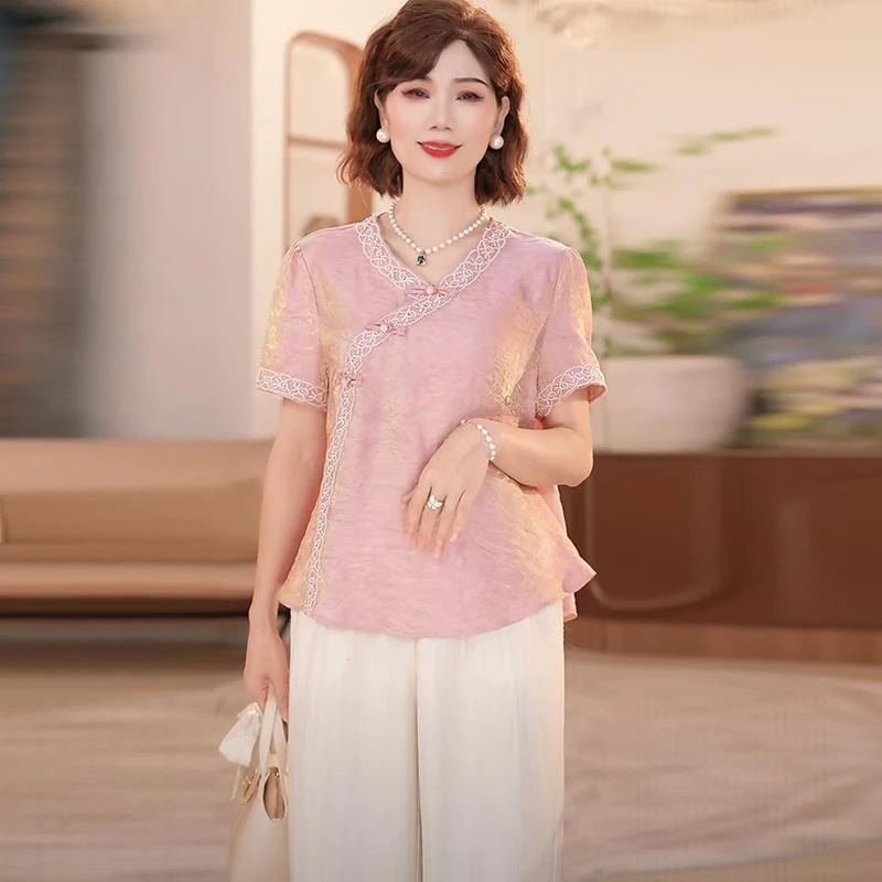 中年妈妈夏季新中式上衣服2025新款洋气中老年女装国风上衣