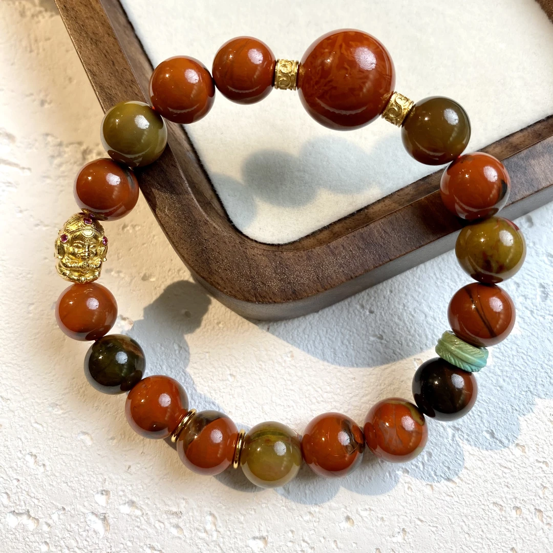 【亿轩珠宝】ZX114312包浆南红单圈手串diy绿松骨羽9-14mm+