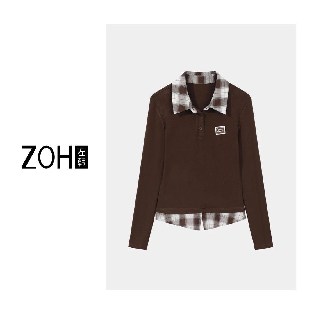 ZH194【左韩】秋冬设计感简约大方咖色撞色假两件衬衫 TH530073C