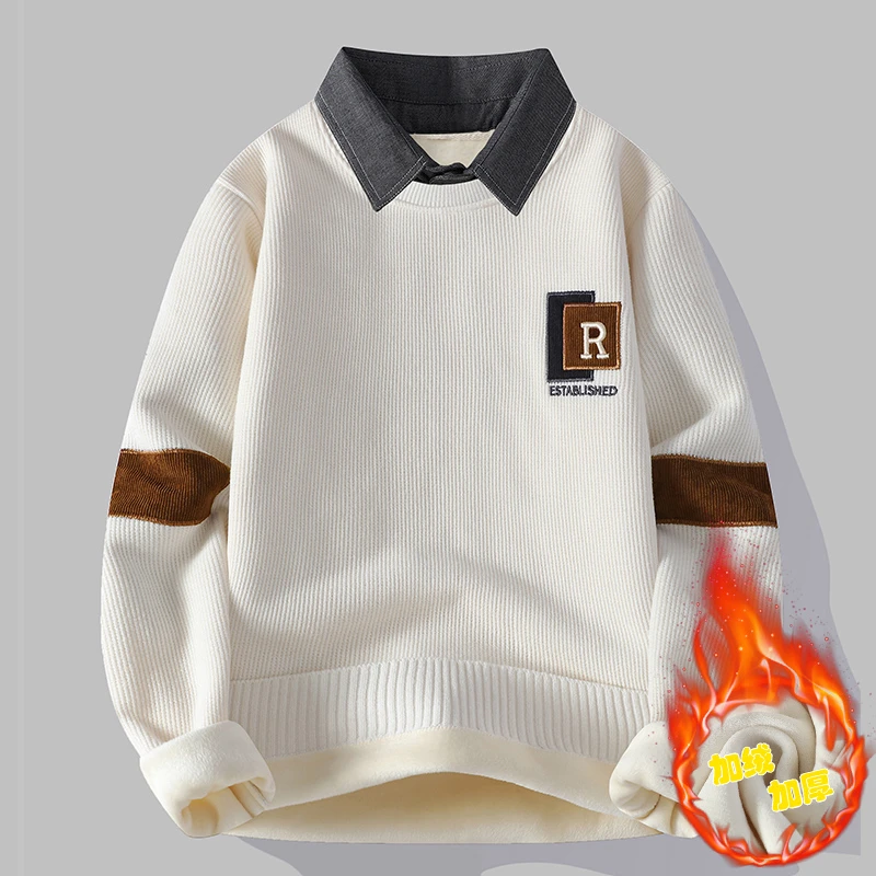 打底假两件加绒毛衣秋冬季新款青年潮流爆款加厚一体绒保暖毛线衫