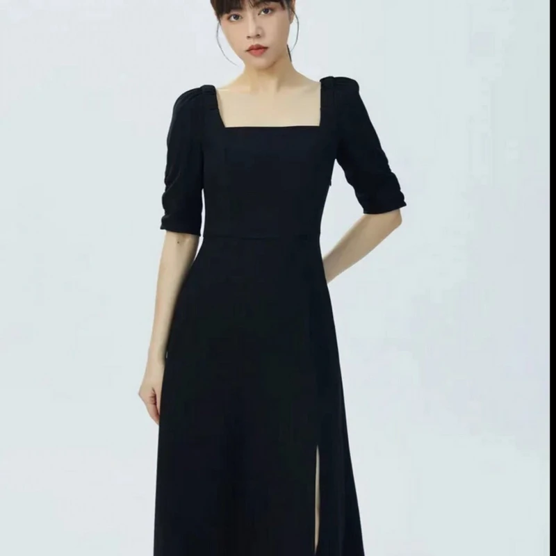 AMASS/阿玛施 方领复古五分袖开叉连衣长裙5500406