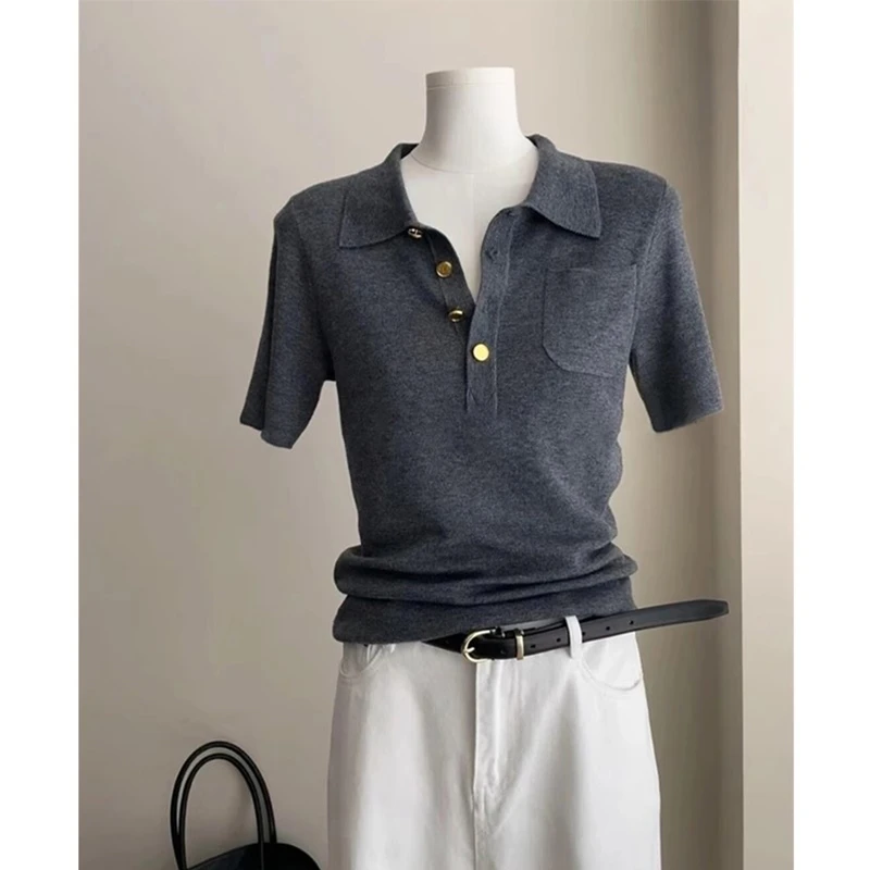 法式高级感POLO领短袖针织衫女春秋宽松短款正肩翻领T恤上衣