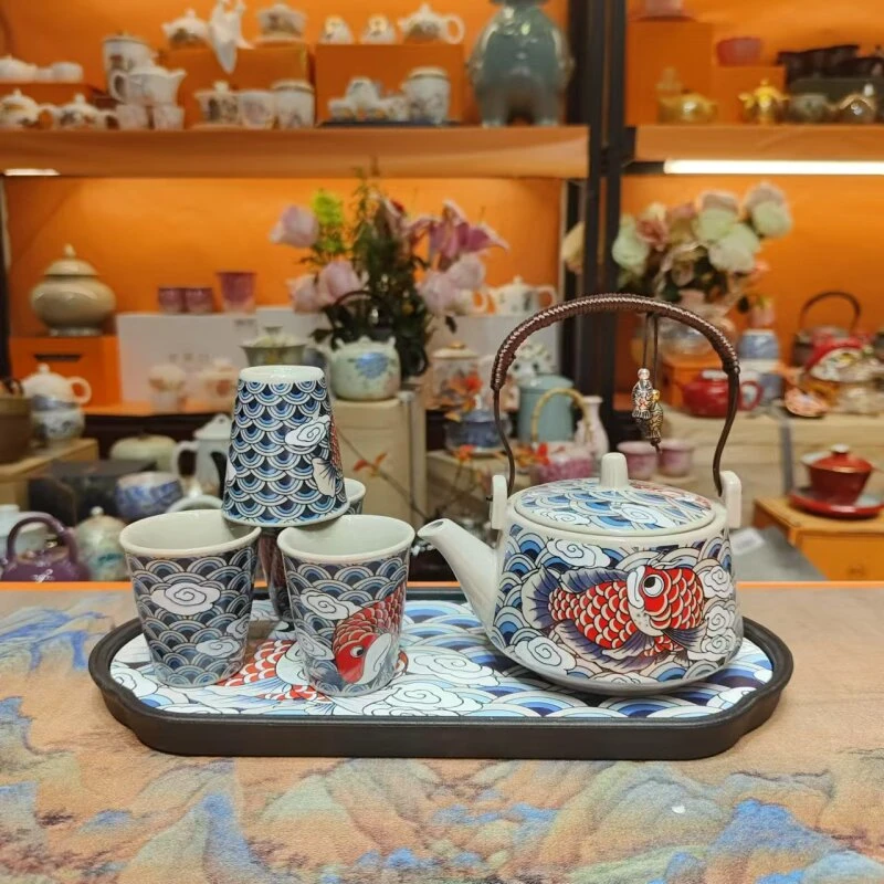 复古陶泥草木灰锦鲤提梁壶一壶四杯小套装功夫茶具4450