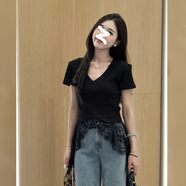 不规则蕾丝拼接领短袖正肩恤女夏季收腰超好看独特漂亮时尚上衣
