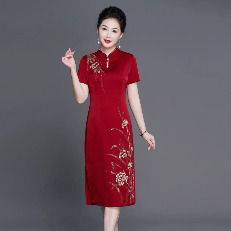 醋酸喜婆婆婚宴装新款高贵年轻喜妈妈婚礼旗袍气质时尚敬酒礼服