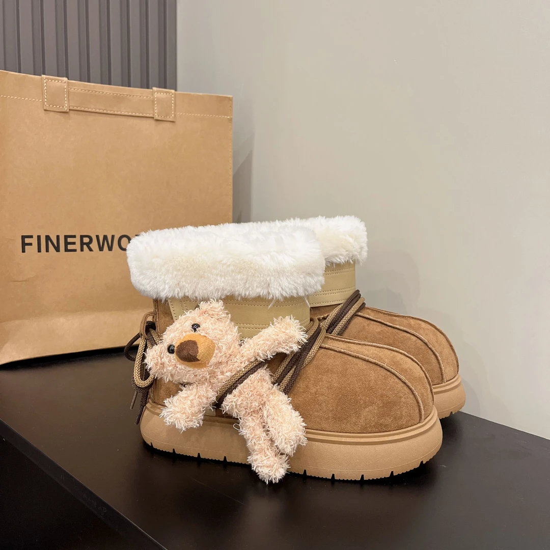 大头雪地靴女2024冬季新款可爱小熊厚底防滑加绒加厚