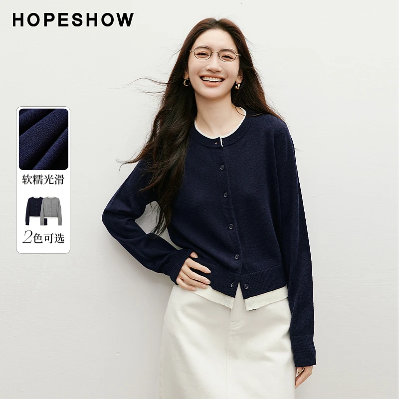 红袖春季2025新款女装 假两件叠搭风单排扣圆领针织衫90125020103