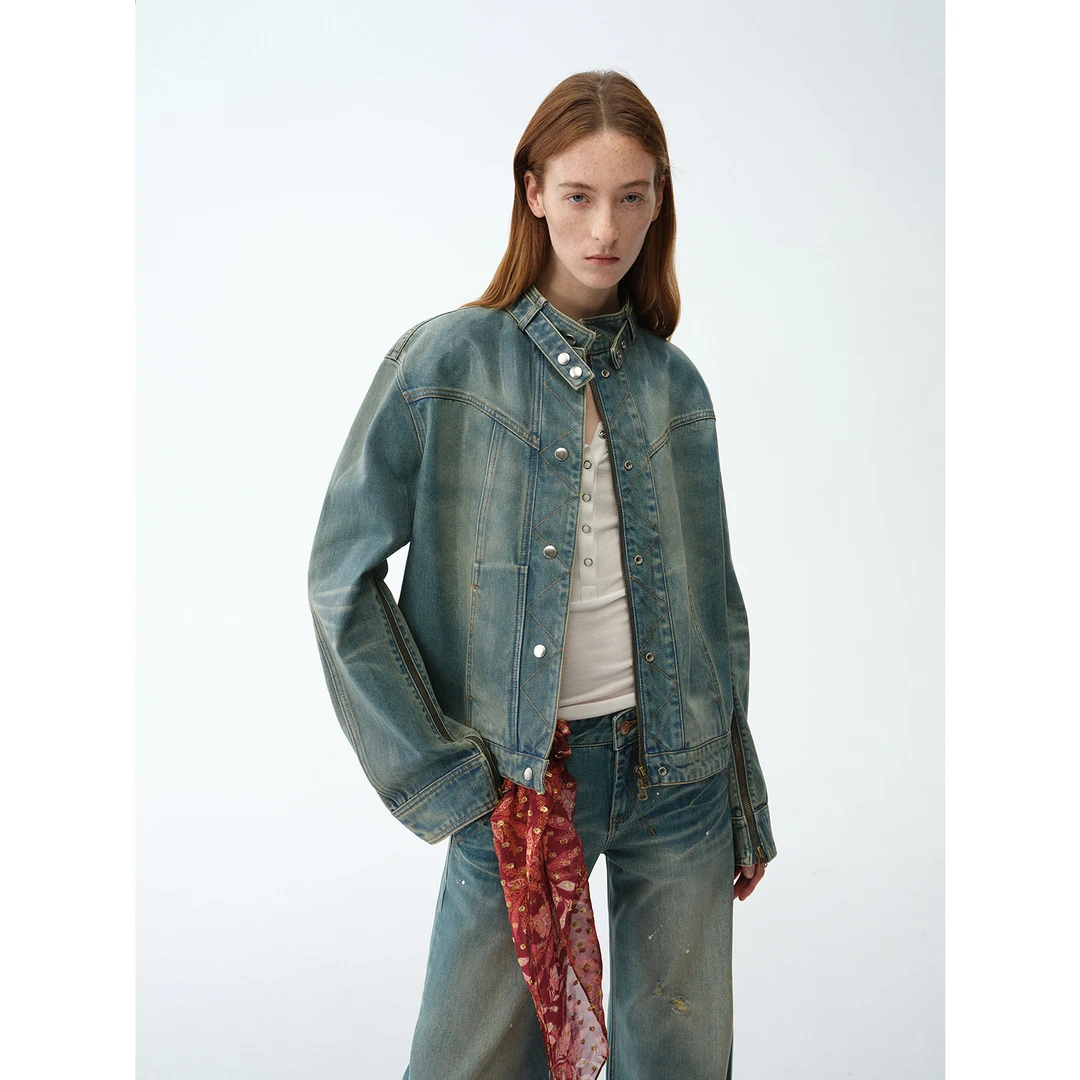 付智恩 威尔士 攀登者手工PU涂层立领机车牛仔夹克