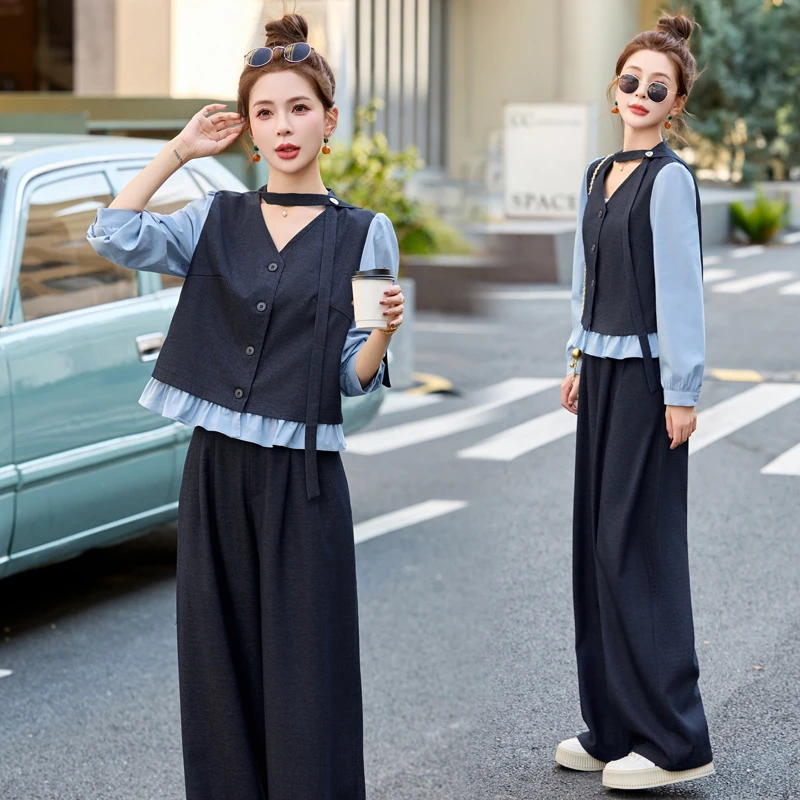 高级感拼接假两件衬衫女套装裤2025春秋新款时尚气质显瘦两件套潮