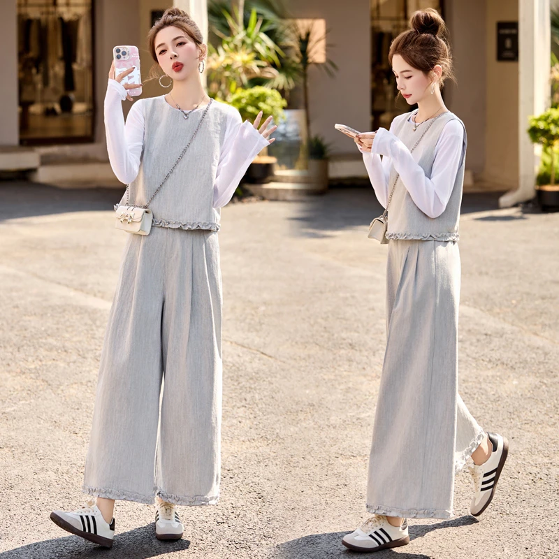 休闲时尚马甲背心牛仔套装女2025春夏新款设计感百搭阔腿裤三件套