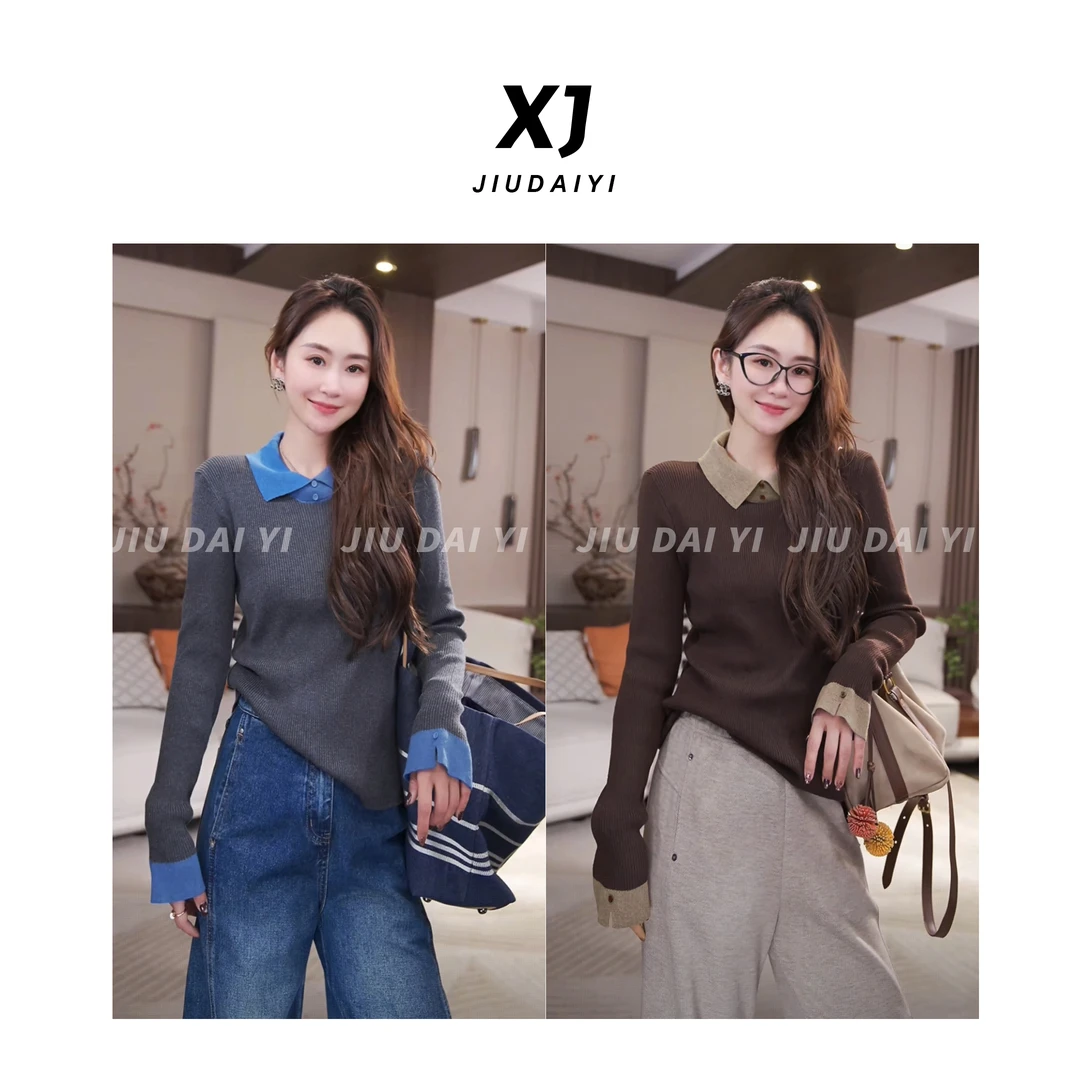 玖黛衣【调色盘】新款时尚百搭长袖针织长袖拼色羊毛衫 XSJ44355