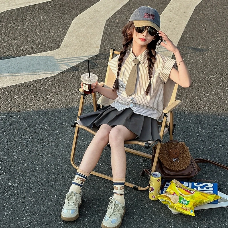 女孩2025夏季新款套装学院条纹衬衫中大童韩版纯色百褶裙两件套潮