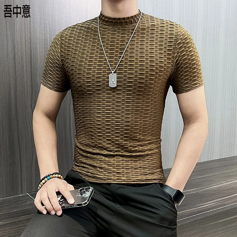 小中领短袖t恤男款爆款2025新款立体网格体恤男紧身内搭打底衫男