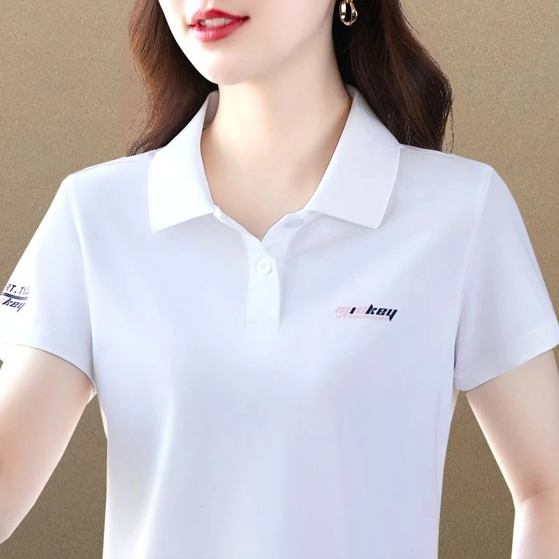 A31白色女士t恤短袖夏季时尚宽松洋气妈妈装polo衫休闲运动上衣