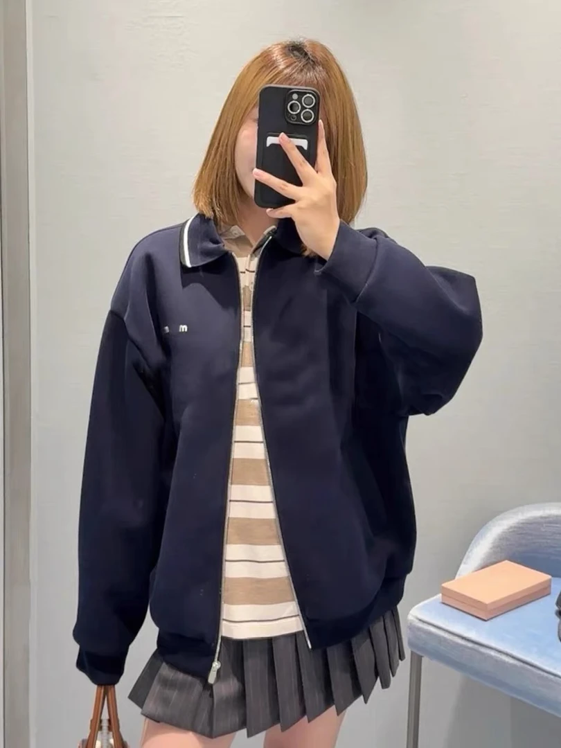 天花板mm针织外套拉链学院风减龄男女潮翻领藏蓝色赵今麦字母夹克