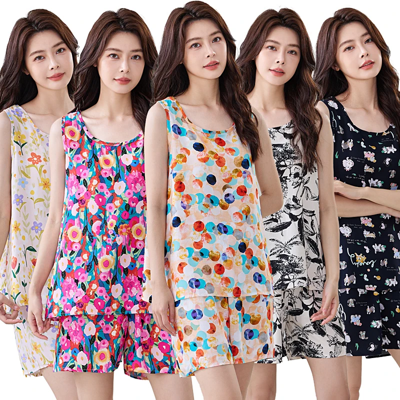 棉绸套装女士夏季薄款韩版睡衣无袖背心短裤甜美外穿人造棉家居服