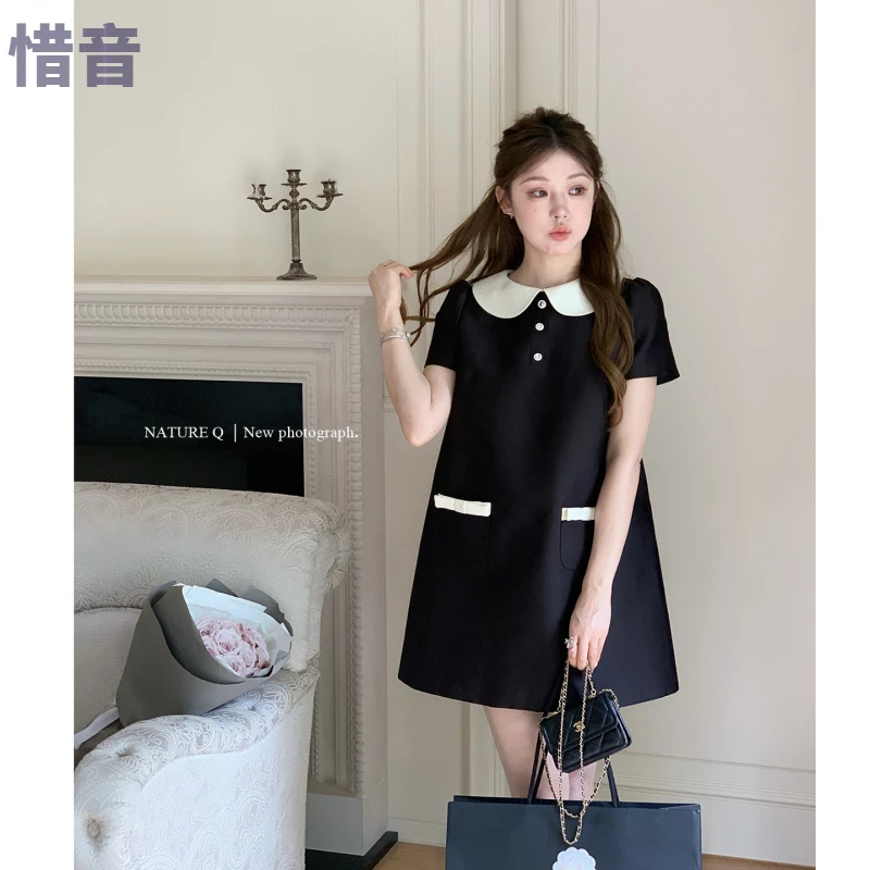 杨小卷 富家千金小香风减龄娃娃领宽松短袖连衣裙女高级感小黑裙