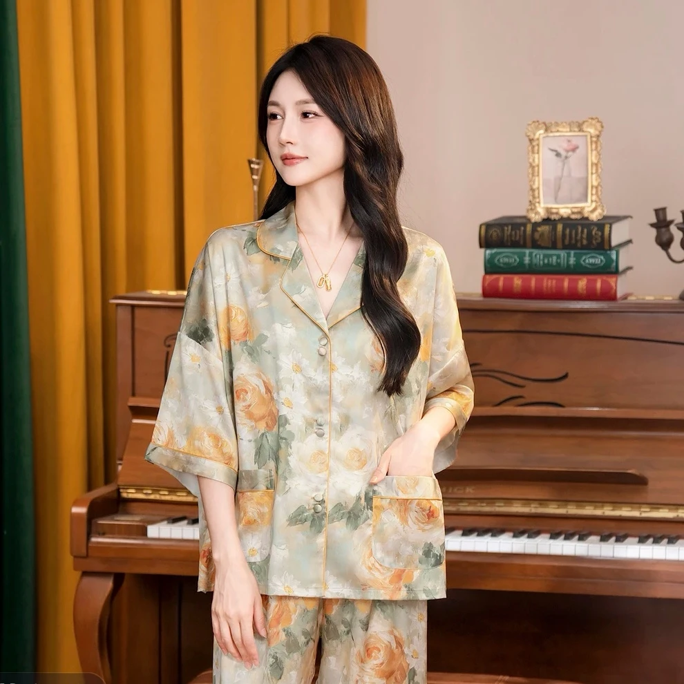 达芬奇密码【云想衣裳】2025新款短袖三件套印花套装女士睡衣家居服