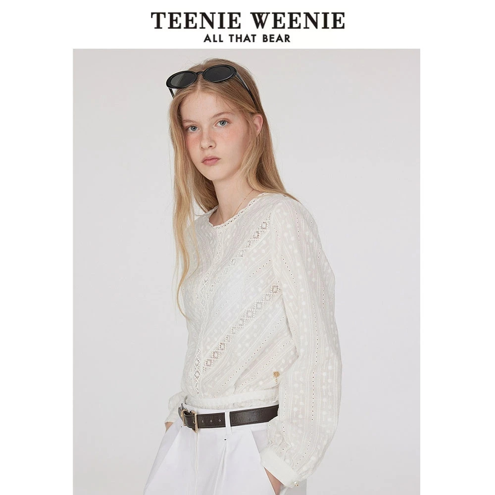 *TeenieWeenie小熊女装衬衫25夏甜美镂空提花圆领上衣TTYA252501W