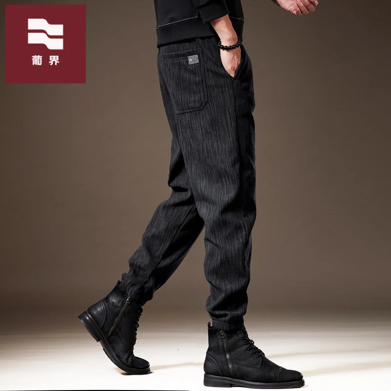 高端竖条纹灯芯绒休闲裤子男秋冬加绒雪尼尔宽松大码束脚运动卫裤