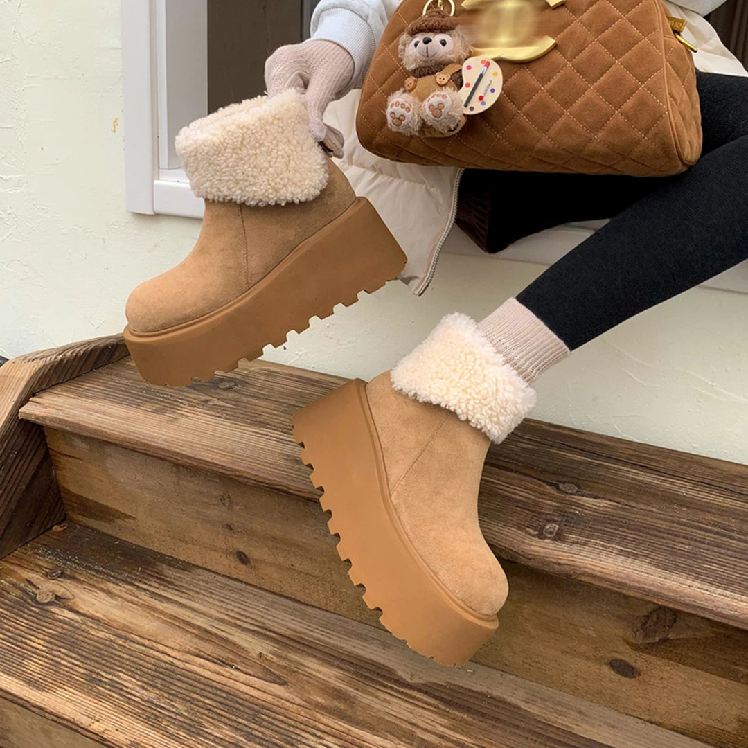 小个子厚底增高雪地靴女2025冬新款加绒保暖毛毛短靴百搭翻边棉鞋
