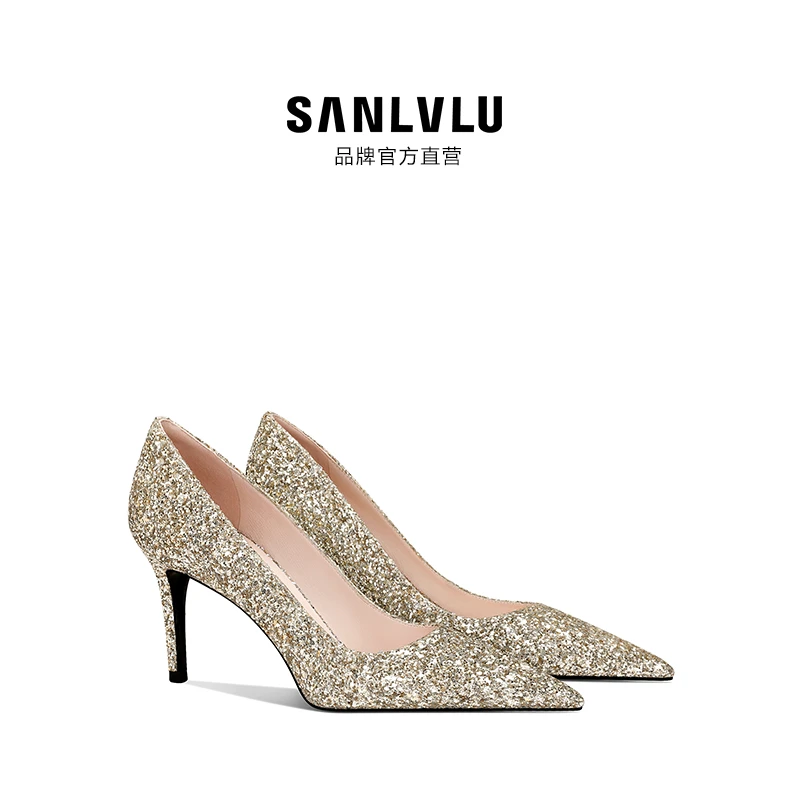 SANLVLU鞍山 气质独一档仙女鞋玫瑰金色水晶高跟鞋羊皮里订婚鞋女