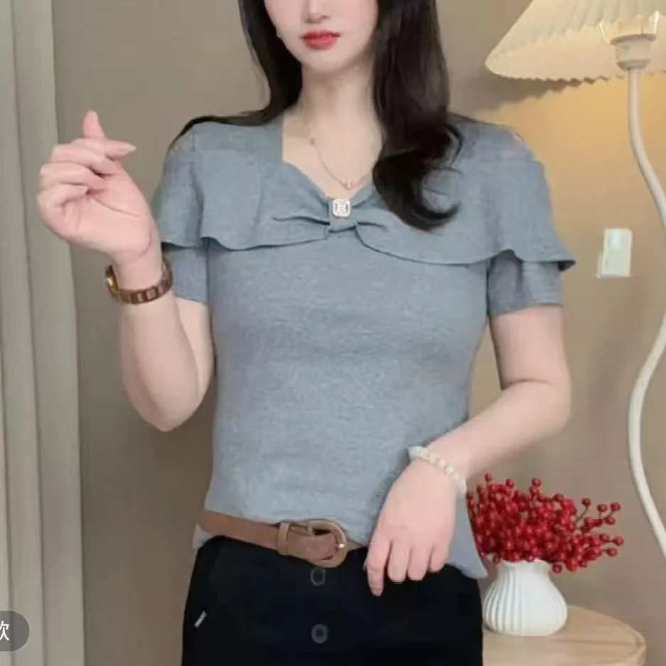 夏季新品时尚减龄蕾丝露肩气质圆领短袖女t恤显瘦百搭设计感上衣