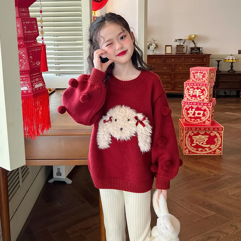 【清仓】童装女童红色慵懒风卡通毛衣秋冬儿童洋气宝宝针织衫