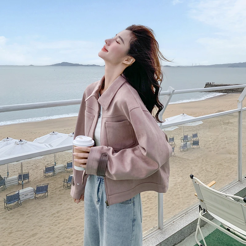 粉色甜酷麂皮绒外套女2025春季新款韩系休闲百搭减龄短款夹克上衣