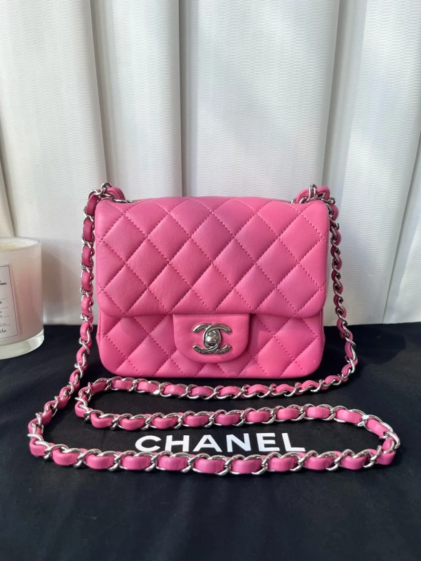 99新 Chanel/香奈儿 玫粉色CF方胖子菱格单肩斜挎包链条包27开