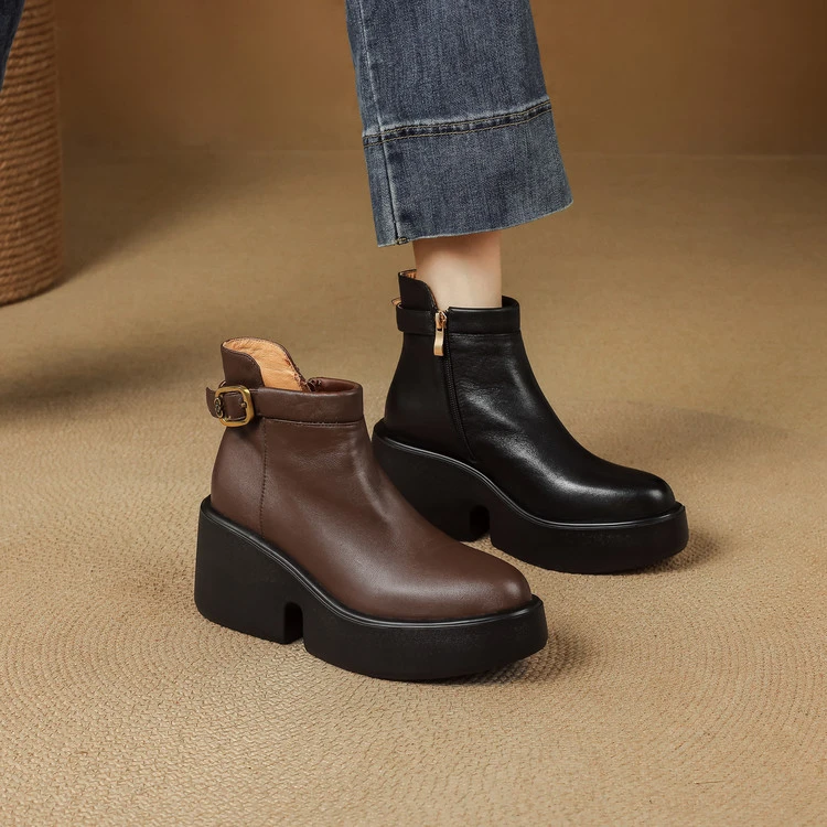 8cm 通勤休闲百搭舒适厚底侧拉链短靴秋冬简约时尚小个子增高短靴