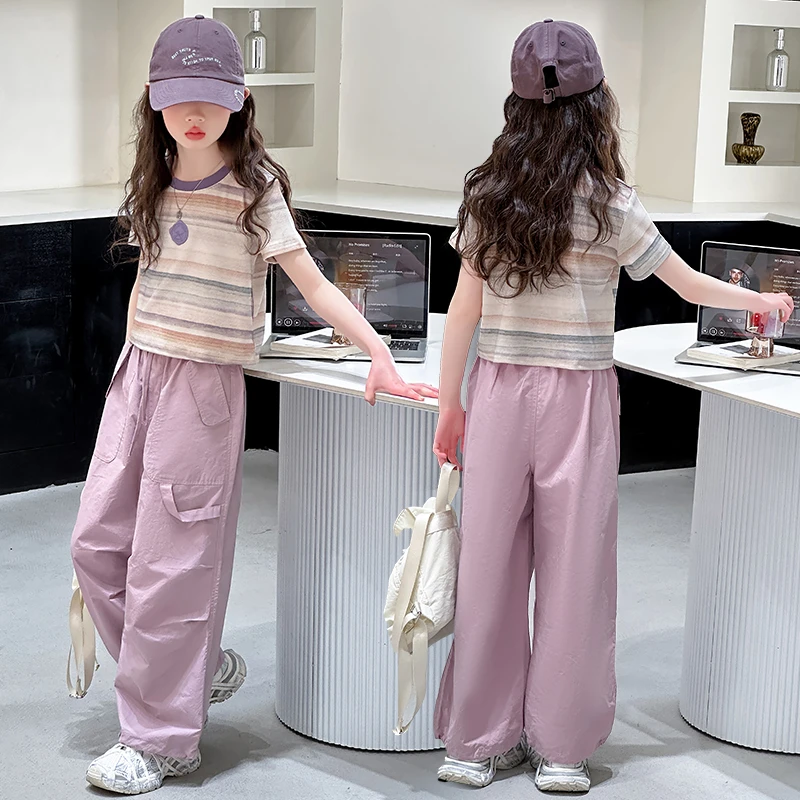 女童短袖T恤工装裤套装2025夏季新款儿童洋气百搭条纹上衣两件套