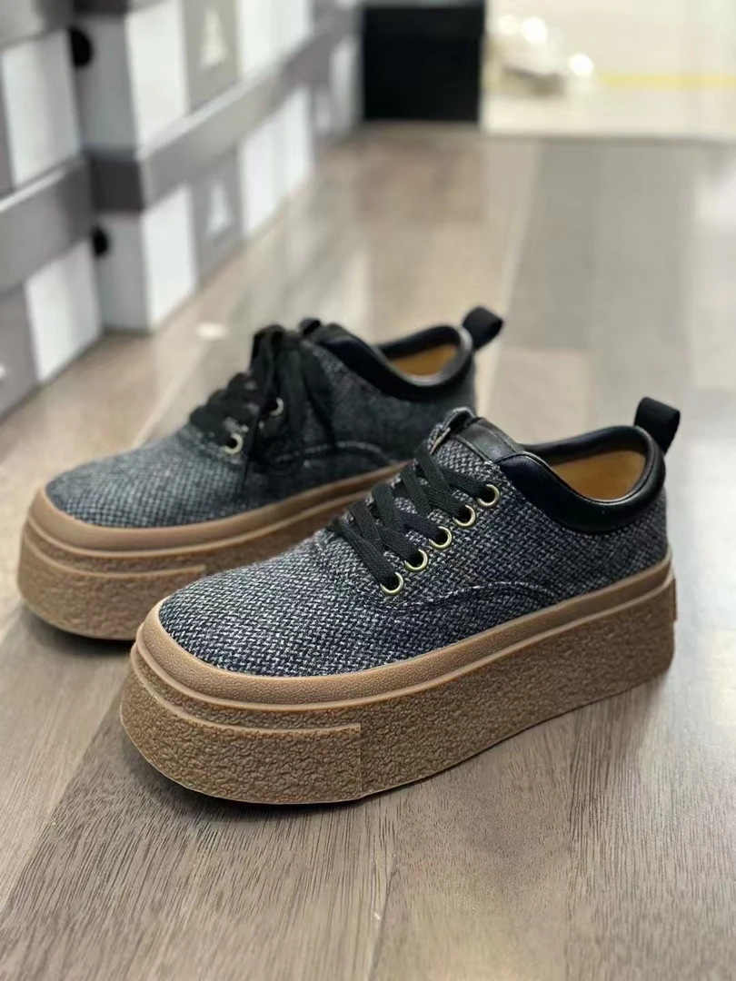 深口格子厚底圆头系带松糕鞋单鞋休闲鞋百搭皮鞋