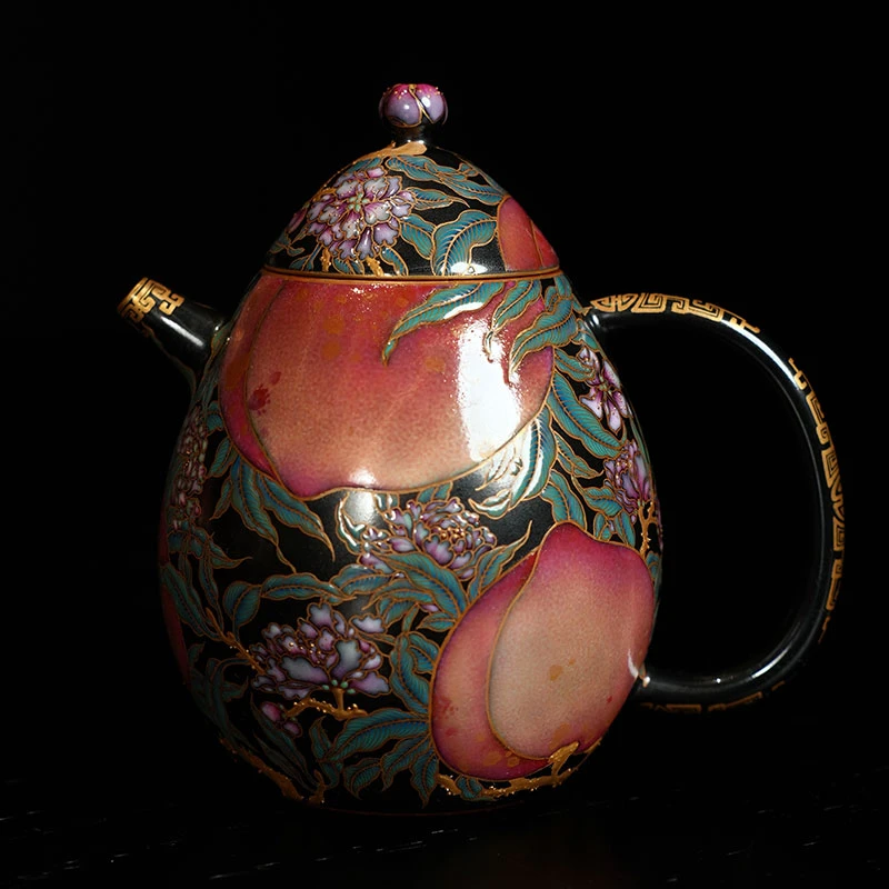 宝蕴阁黑金桃子龙蛋壶景德镇手工手绘高端茶器