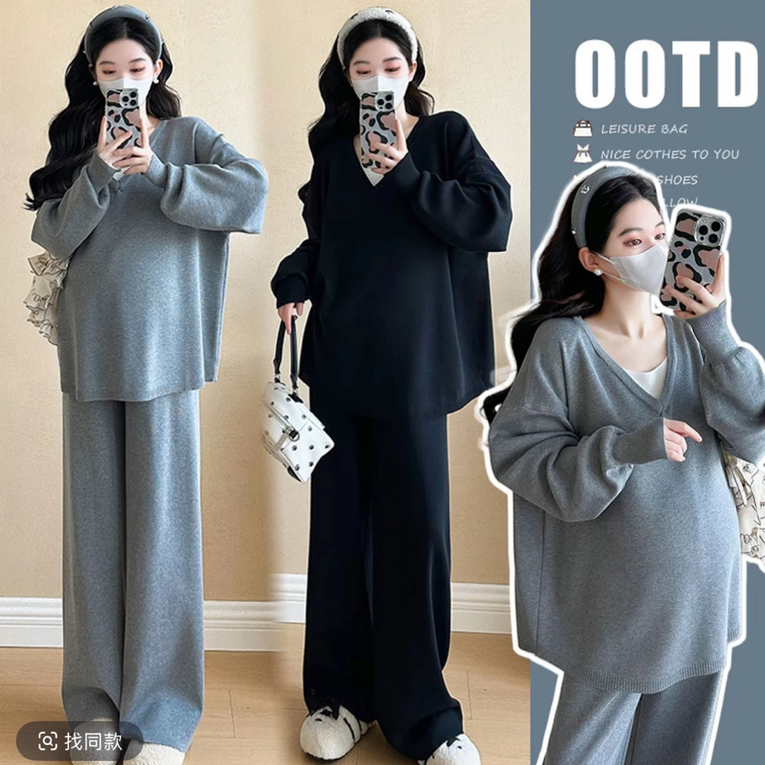 2025慵懒风时尚洋气显瘦套装针织毛衣阔腿裤子孕妇两件套