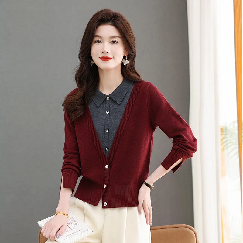 哥弟阿玛施正品2025秋季新款翻领假两件长袖针织衫时尚百搭通勤