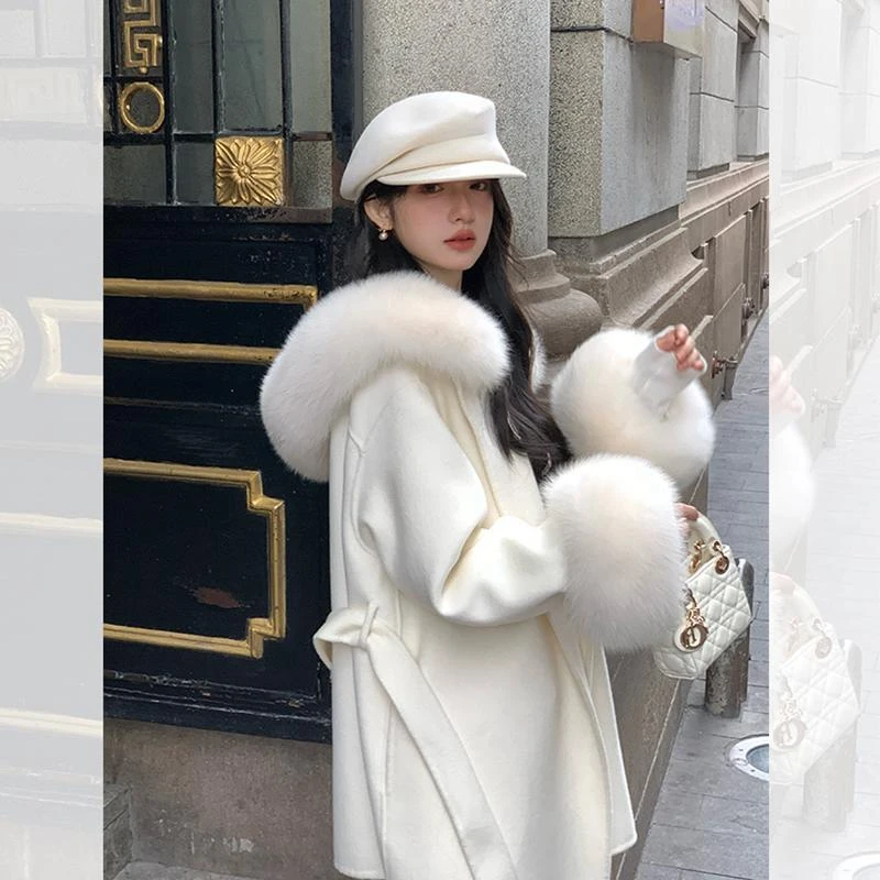 【专柜轻奢】初灿白色大新款毛领双面舒适大衣女秋冬新款连帽小个