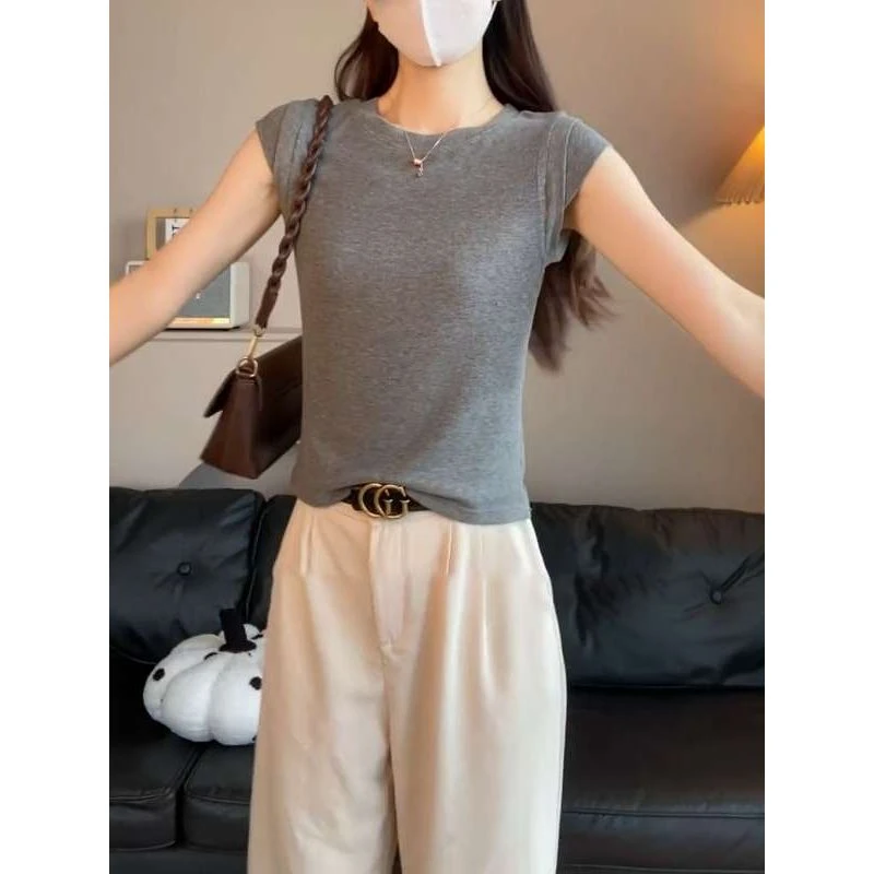 大码胖棉气质圆领小飞袖恤夏季新款设计感显瘦百搭短袖上衣