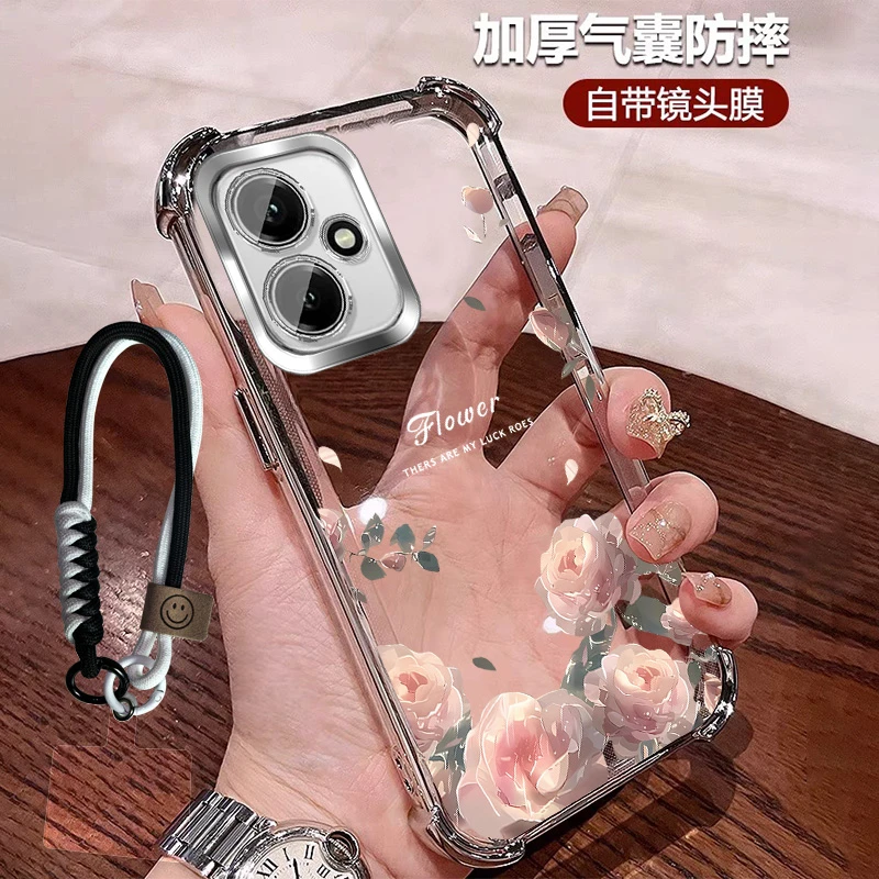 适用荣耀400手机壳高颜值硅胶玫瑰花四角防摔透明400pro带镜头膜